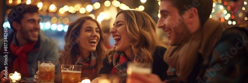 A vibrant group of friends laughs heartily while enjoying drinks during a festive evening with bright lights
