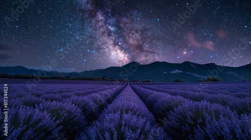 Lavender field under a starry sky at night