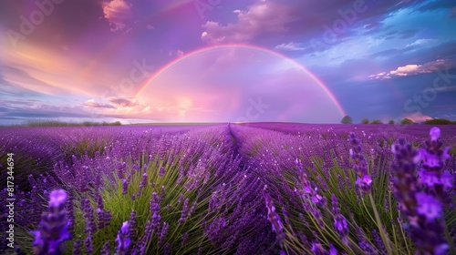 Lavender field with a rainbow and sunset for romantic or nature themed designs