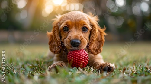 A puppy chewing on a red ball in the grass.