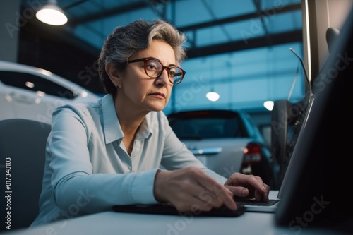 Concentrated senior trader working on PC in a car showroom. Mature saleswoman sitting in a car showroom and reading an e-mail on desktop PC