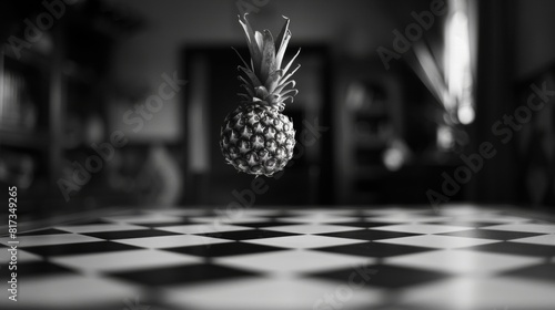 Pineapple and chess pawn on a chessboard for a modern or contemporary design