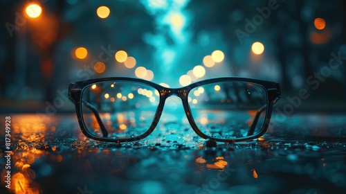 glasses on city street lit up with lights at night