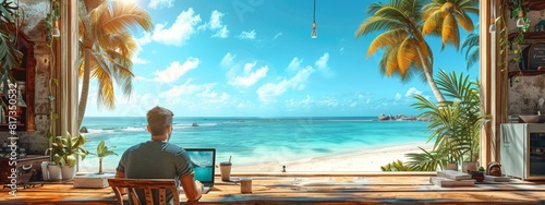 A digital nomad working on a laptop at a beachside cafe, with a view of the ocean and palm trees. Relaxed, tropical vibe with a sunny sky.