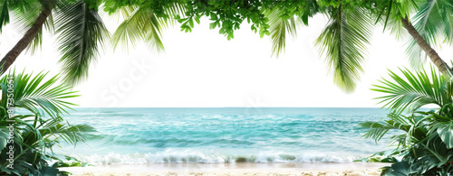 Beach with ocean and palm leaves isolated on transparent background.