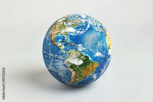 A close up of a blue and white globe with a white background