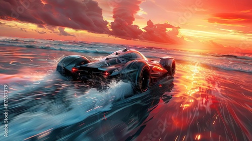 Aqua cars racing on the ocean surface under a bright red sunset, futuristic and thrilling with high-speed action