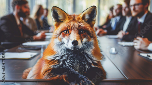 A fox is remarkably seated at a conference table amidst a business meeting in a modern office, surrounded by employees