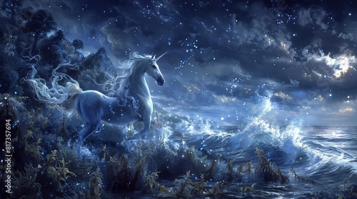 Elegant kelpie emerging from a kelp forest under the starlit sky, magical realism with a touch of marine wonder