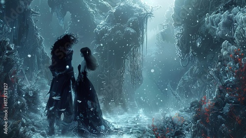 Fairy and vampire attending a secret society ball in a snow-covered kelp forest, mysterious and enchantingly lit