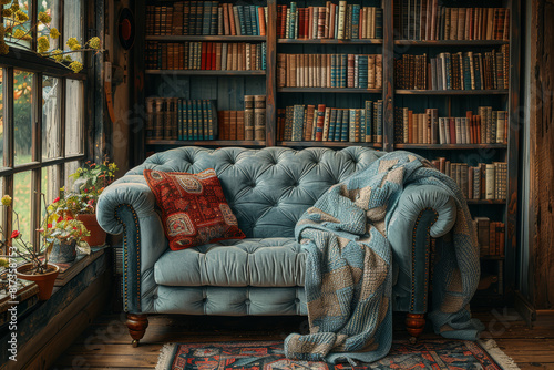 A cozy reading nook with a plush armchair and shelves lined with books, providing a sanctuary for literary escapes. Concept of relaxation and intellectual pursuits. Generative Ai.