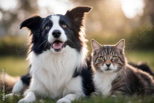 'together collie border closeup dog tabby happy cat canino felino together2 pet animal head shot portrait face crossbreed mixed breed mongrel white background isolated cut-out black smiling friendly'