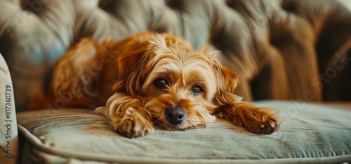 A small brown dog resting on a couch.
