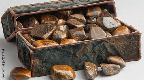 gemstone collection display, beautifully shiny tiger eye stones in a velvety box, a captivating addition to any gem collection