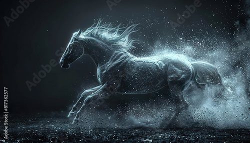 A horse made of particles running in the dark. Generated by AI.