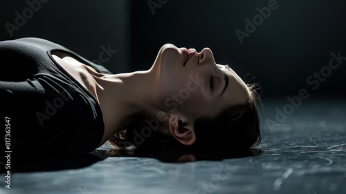 Under striking lighting, a graceful ballerina in a black outfit lies on the dance studio floor, her eyes closed.