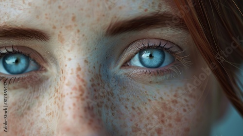 a woman with freckles and blue eyes is facing one direction, close up, photo taken with provia