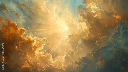 Sunbeams breaking through storm clouds, casting a golden glow on the earth below and heralding the arrival of a new day.
