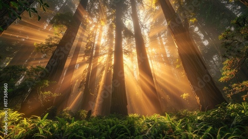 Sunlight filtering through the canopy of an ancient redwood forest, illuminating the lush undergrowth below.