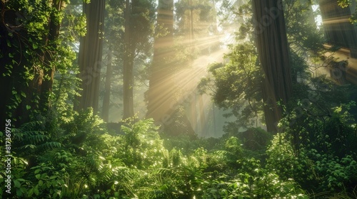 Sunlight filtering through the canopy of an ancient redwood forest, illuminating the lush undergrowth below.