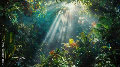 Sunlight filtering through the dense canopy of a tropical rainforest, illuminating a vibrant tapestry of flora and fauna below.