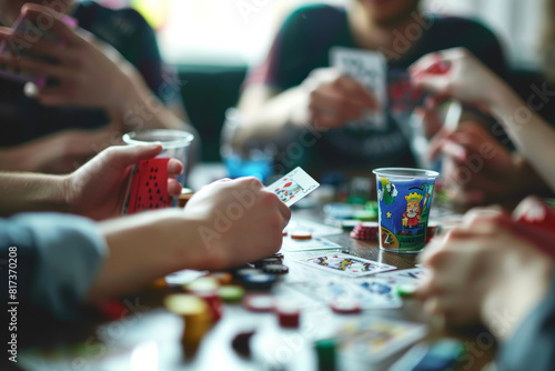 Playful banter and competitive spirit evident in a game night among friends, with cards and board games strewn across the table. Concept of recreation and amusement. Generative Ai.