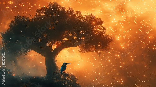 Kingfisher perching on a bioluminescent Tree of Life during a sandstorm, mystical and dramatic wildlife scene