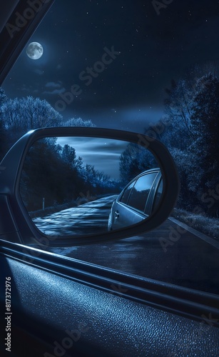 A rear view mirror of a car showing an open road at night, reflecting trees and moonlight