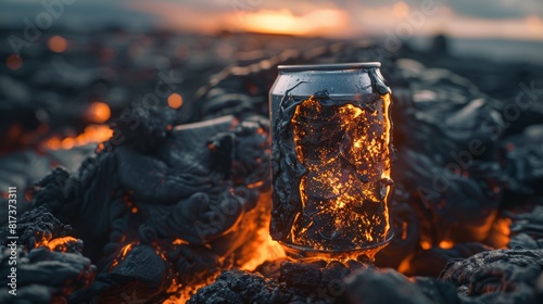 Aluminum can on hot lava rock at sunset