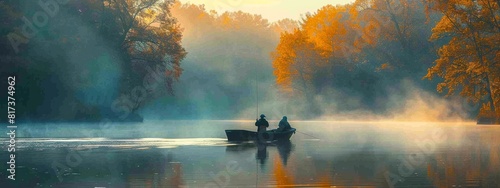 A peaceful fishing trip with individuals casting lines, serene lake, and a sense of relaxation.