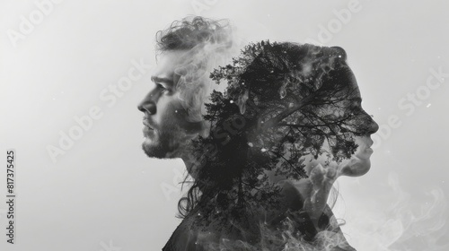 Double exposure of man and woman feeling disappointment side view highlighting emotional tension Scifi tone, Black and white realistic