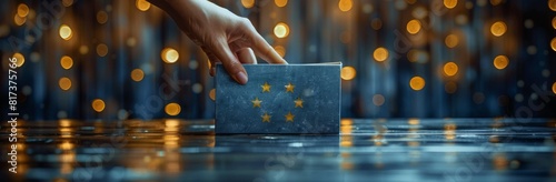 Hand placing a card adorned with European flag stars on a reflective surface