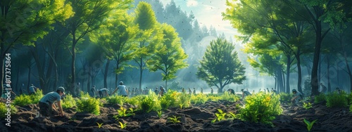A peaceful scene of forest restoration efforts, with people planting trees and nurturing the environment.