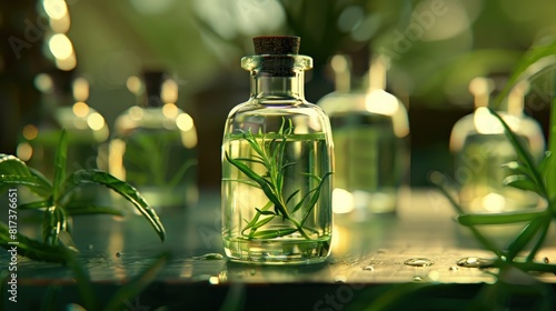 Essential oil of tarragon in a bottle. Selective focus. realistic