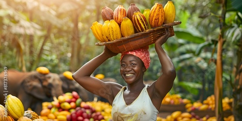 black woman smiling, collecting cocoa beans fresh in the forest, elephants in the background, label, chocolate business card, raw cocoa, Ivory Coast, Africa