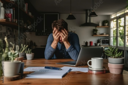 overstressed young man studying from home, covering face with his hands