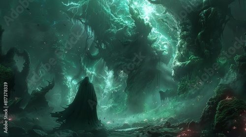 Vampire king overseeing a battle in a neon-lit kelp forest, dark fantasy meets underwater wonder