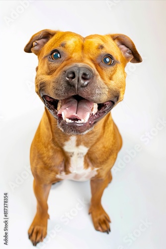 A brown dog with a white background smiling.