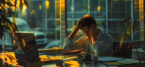 A man sitting at his desk, holding the bridge of his nose with one hand and looking sad as he looks into an open laptop screen, burnout and stress