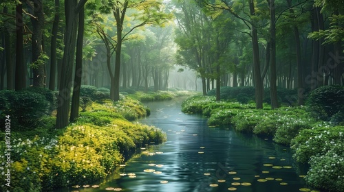 A winding river carving its way through a tranquil forest, reflecting the peaceful flow of thoughts within the mind.