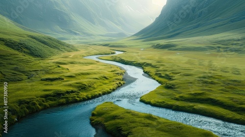 A winding river flowing through a lush valley, symbolizing the ever-changing currents of thoughts and emotions within the mind.