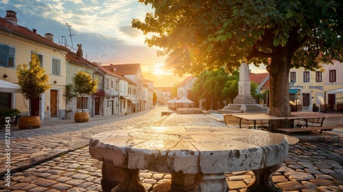 beautiful sunrise in a European town with colonial houses