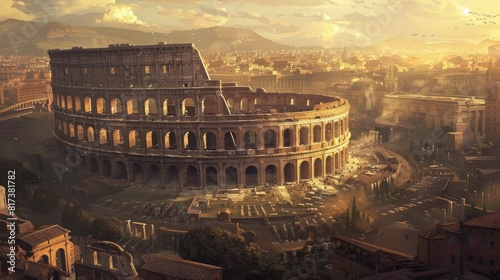 An ancient Roman amphitheater nestled in the heart of a bustling city, its weathered stone arches and grandiose design a testament to the ingenuity and engineering prowess of the ancients.