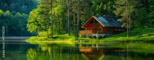 A small cabin sits on the shore of a lake.