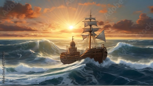 Sunset Serenity: Ship, Sun, and Cloudy Horizon