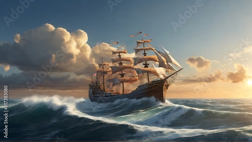 Sunset Serenity: Ship, Sun, and Cloudy Horizon