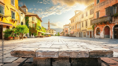 beautiful sunrise of a town in colonial style Europe in high resolution and quality