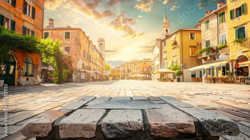 Beautiful sunrise of a colonial-style town in Europe in high resolution and high quality. travel concept, sunrise