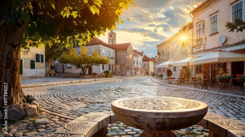 beautiful sunrise of a town in colonial style Europe