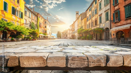 Beautiful sunrise of a colonial-style town in Europe in high resolution and high quality. travel concept, sunrise, colony